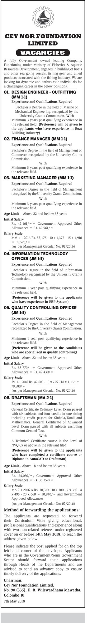 Design Engineer, Finance Manager, Marketing Manager, Information Technology Officer, Quality Controlling Officer, Draftsman - CeyNor Foundation Ltd